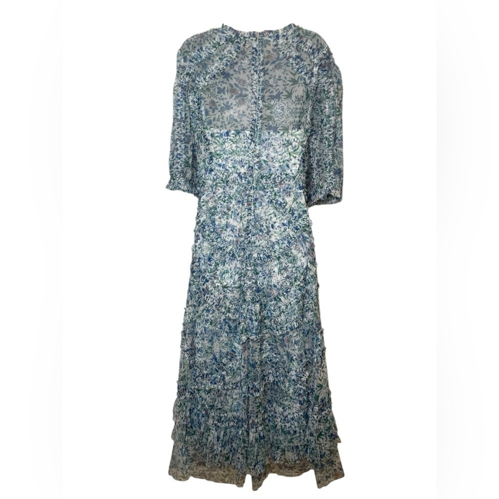 Mac Duggal 8011 Blue Floral Mesh Puff Sleeve Midi Dress Size 18 NWOT - Picture 3 of 6